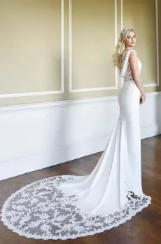 Crepe wedding dress with lace train